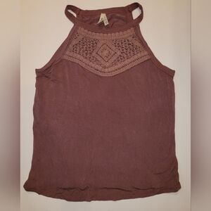 🌸3/$15 Mudd Bohemian Dark Mauve Crochet Detail Summer Halter Neck Tank Top
